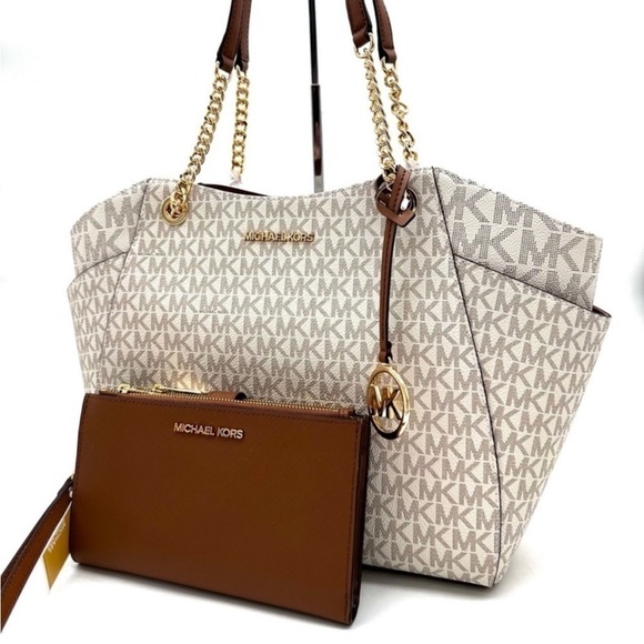 Michael Kors Large Jet Set Travel Chain Shoulder Bag & Double Zip Wallet Vanilla - Picture 1 of 14